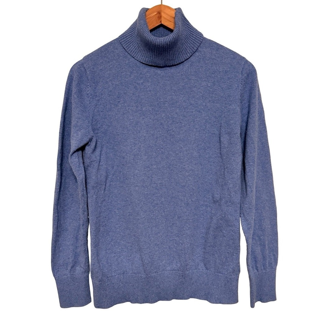 LL Bean Turtleneck Sweater M Blue Cotton Cashmere Blend Classic Preppy